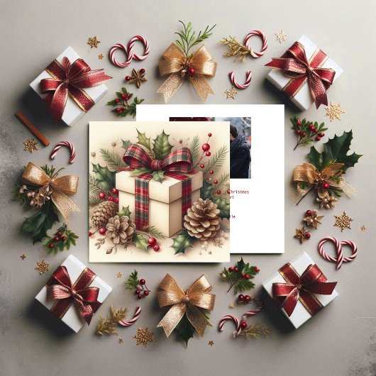 ルースチックなクリスマスのコケッティープラッドのリボン、ホリー、松ぼっくり シーズンカード