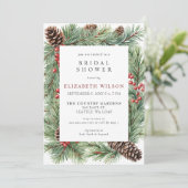 ルースティックな松ぼっくりとホーリーのクリスマス ブライダルシャワー 招待状 (スタンド正面)