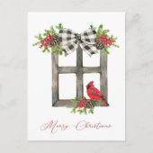 ルースティックな窓辺のレッドカーディナル、リボン、グリーン ポストカード (正面)