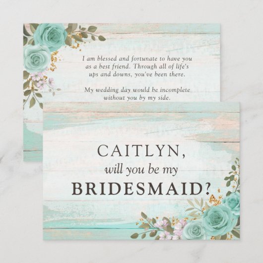 ルースティックウッドターコイズフラワーブライダルパーティープロポーズ 招待状 (正面/裏面)