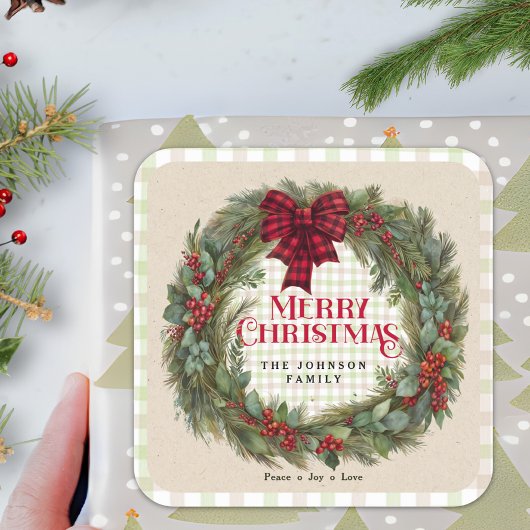 ルースティックギンガムリース ファミリー ネーム クリスマス スクエアシール
