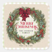 ルースティックギンガムリース ファミリー ネーム クリスマス スクエアシール (正面)
