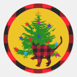 ルースティッククリスマス猫、木と赤いバフアロープレイド ラウンドシール