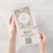 ルースティックグリーンウッドランドシダーウェディングQRコード オールインワン招待状 (貼ってはがせる)