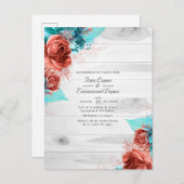 ルースティックターコイズとコーラルフラワーウェディング 案内ポストカード (正面/裏面)