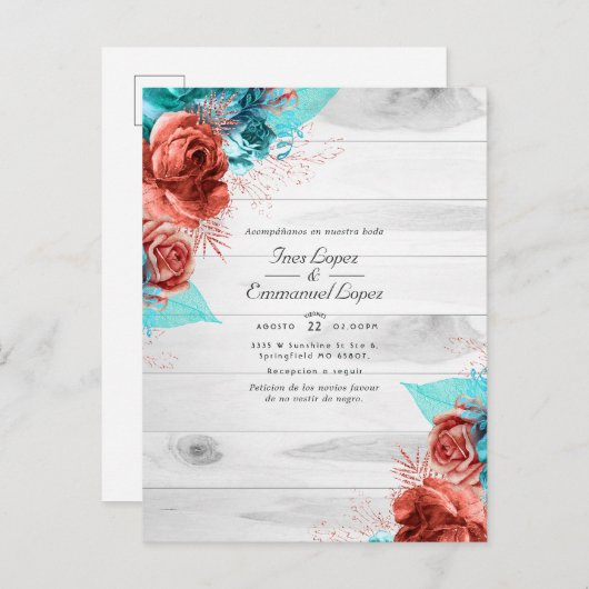 ルースティックターコイズとコーラルフラワーウェディング 案内ポストカード (正面/裏面)