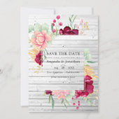 ルースティックバーン ワインレッドとコーラルピンクのフラワー ウェディング セーブザデート (正面)