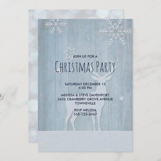 ルースティックブルー鹿のクリスマス 招待状 (正面/裏面)