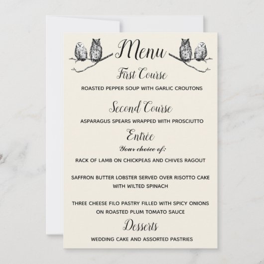 ルースティック ウッドランド フクロウ メニュー 招待状 (正面)