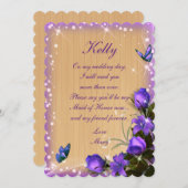 ルースティック ウッド パープル フローラル バタフライ メイド オブ オナー 招待状 (正面/裏面)
