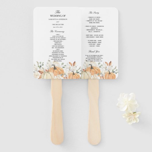 ルースティック オータム ウェディング プログラム ファン | かぼちゃ & フローラル (正面&裏面)