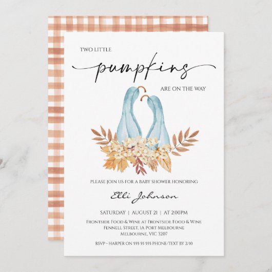 ルースティック オータム ツインズ 男の子 かぼちゃ ベビーシャワー 招待状 (正面/裏面)