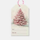 ルースティック ピンク ウォーターカラー ウィンター パイン ツリー クリスマス ギフトタグ (正面)