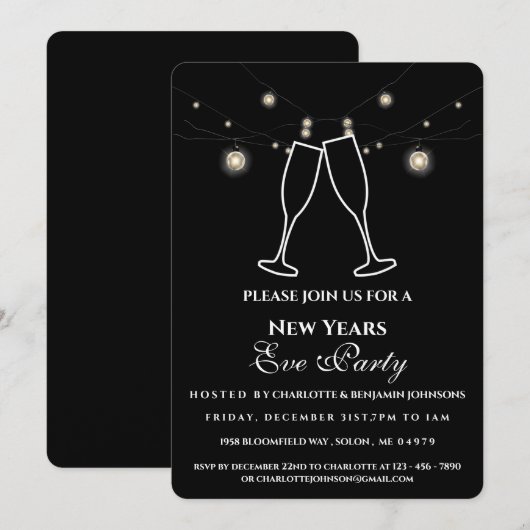 ルースティック ブラック ストリング ライト 新年の夜のパーティー 招待状 (正面/裏面)
