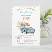 ルースティック ブルーのパンプキントラック 秋の1歳の誕生日 招待状 (スタンド正面)