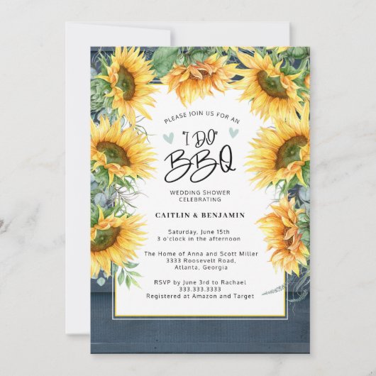 ルースティック ブルー ウッド ひまわり I Do BBQ ブライズシャワー 招待状 (正面)