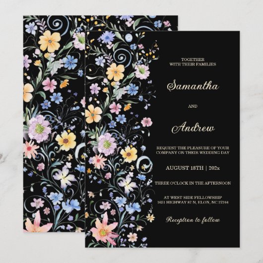 ルースティック ワイルドフラワー ウェディング ブラック テンプレート (正面/裏面)