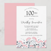 ルースティック ワイルドフラワー ピンク フローラル 100歳の誕生日パーティー 招待状 (正面/裏面)