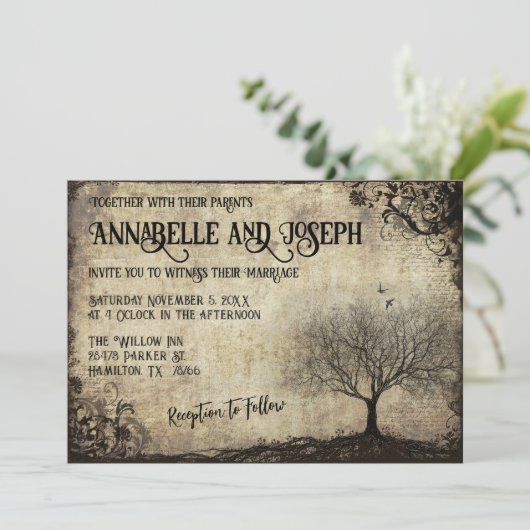 ルーツツリーヴィンテージ結婚式を成長させる時間 招待状 (スタンド正面)