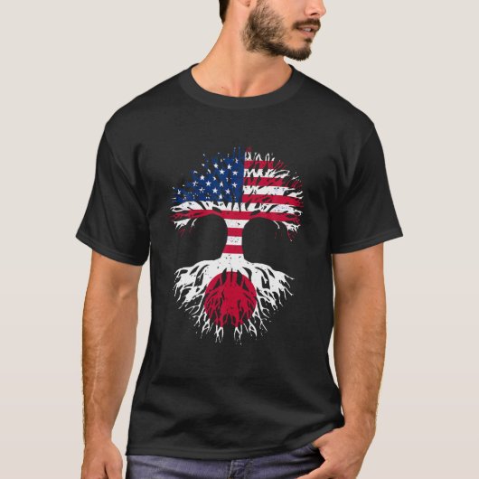 ルーツ日本のアメリカングロウンツリー米国国旗おもしろい Tシャツ (正面)