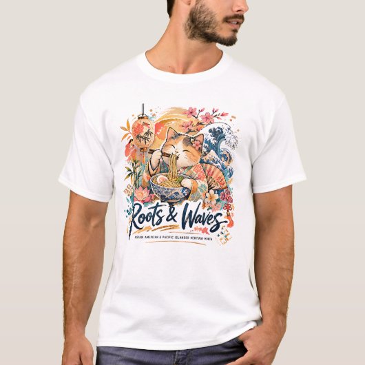 ルーツ＆ウェーブ 猫 AAPIコラージュデザイン Tシャツ (正面)