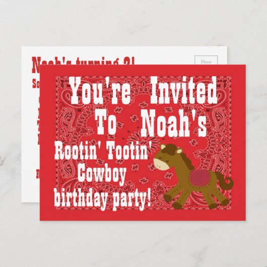 ルーティンカウボーイバースデーパーティーの招待 インビテーションポストカード (正面/裏面)