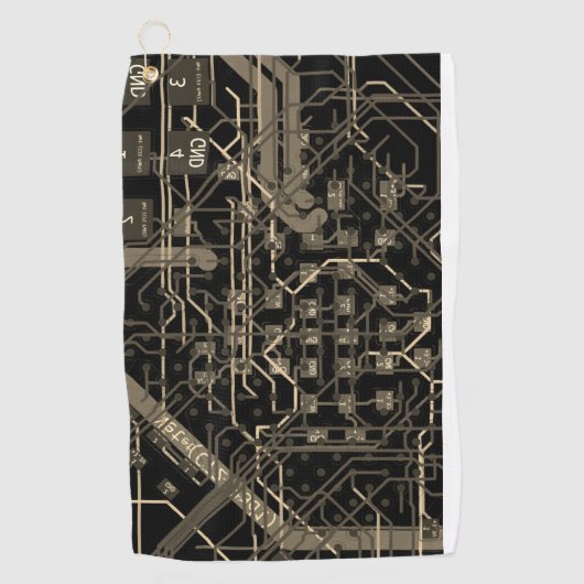 ルーティングプロセス電子ダークブラックレトロ金ゴールド ゴルフタオル (正面)