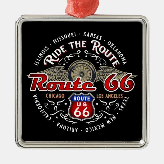ルートに乗るUS 66バイクもしくは自転車に乗る人ロードトリップバイク メタルオーナメント (正面)