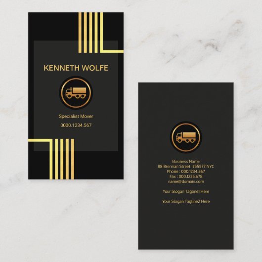 ルートの輸送をトラックで運ぶスタイリッシュな縦の金ゴールド 名刺 (正面/裏面)