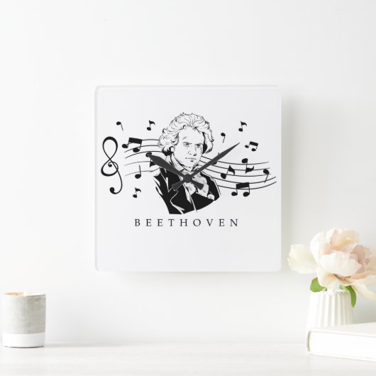 ルートヴィヒ・ヴァン・ベートーベンポートレートとバストとノート スクエア壁時計 (ホーム)