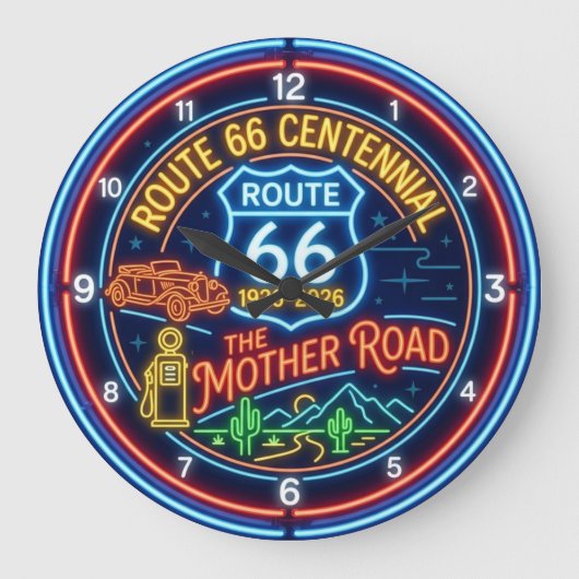 ルート66の100周年を祝うフェイクネオンサイン ラージ壁時計 (正面)