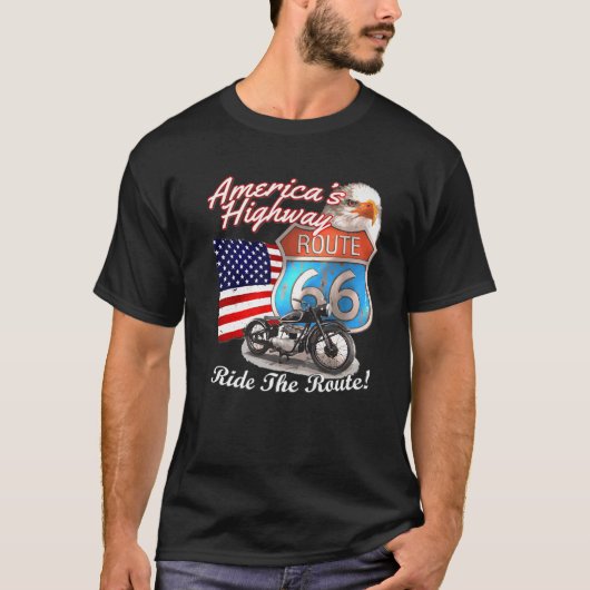 ルート66アメリカのハイウェイロードトリップUSAモーターサイクル Tシャツ (正面)