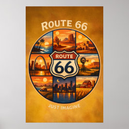 ルート66ゴールデンドリームストップス ビンテージトラベルシーン ポスター