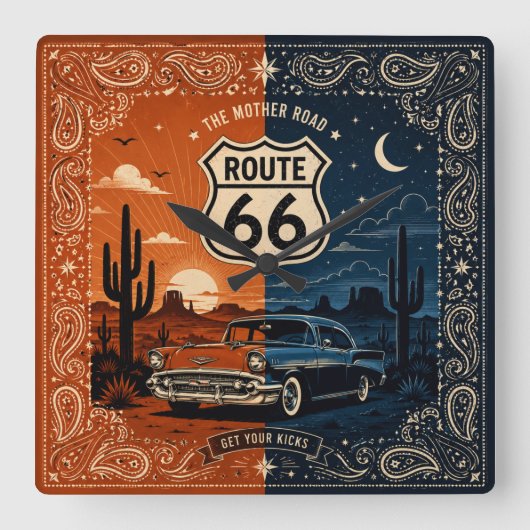ルート66デザートナイトウォール時計 スクエア壁時計 (正面)