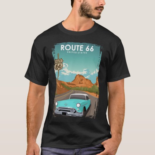 ルート66ヴィンテージレトロアメリカ旅行ポスター Tシャツ (正面)