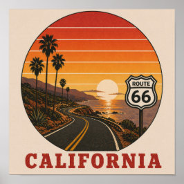 ルート66 カリフォルニア 海岸の夕日 ハイウェイ ポスター