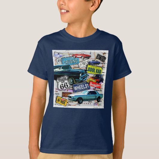 ルート66 -クラシックな車の子供の暗闇のティー Tシャツ (正面)