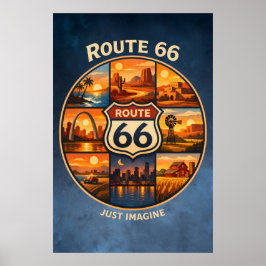 ルート66 ドリームストップ ダークブルー旅行シーン ポスター