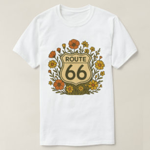ルート66 ビンテージ フラワー アメリカーナ デザイン Tシャツ