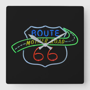 ルート66、マザー道路、ネオンの標識 スクエア壁時計