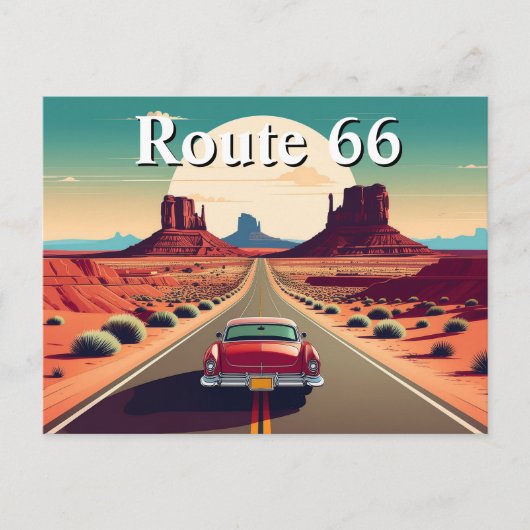 ルート66 レトロ ビンテージ カー 砂漠 旅行 ポストカード (正面)