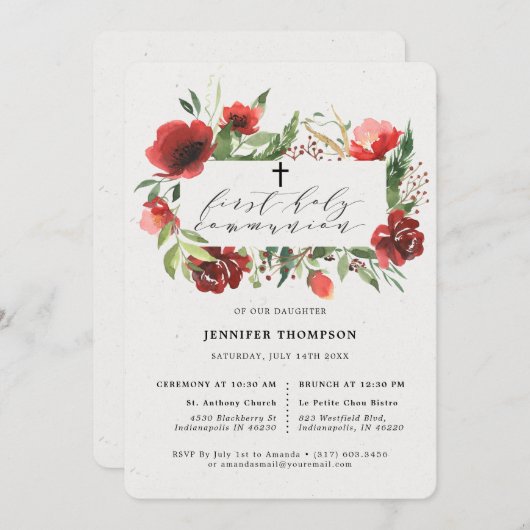 ルードバーガンディーのグリーン ユーカリ 初の聖体拝領 招待状 (正面/裏面)