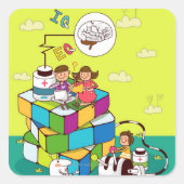 ルービックキューブパズルに座っている女の子の男の子 スクエアシール (正面)