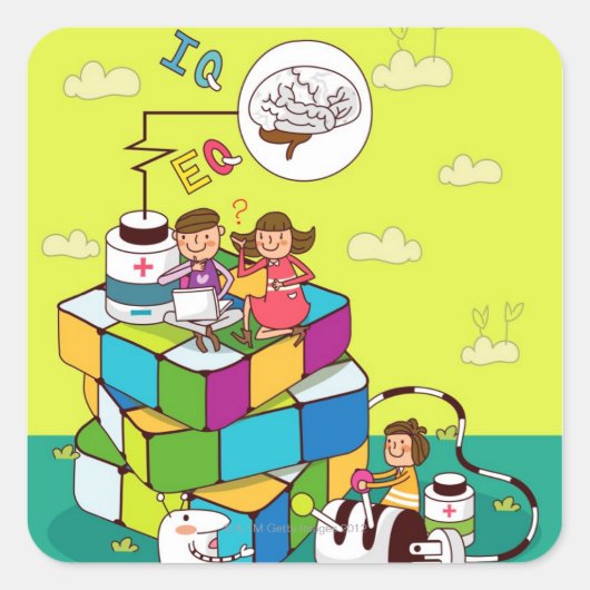 ルービックキューブパズルに座っている女の子の男の子 スクエアシール (正面)