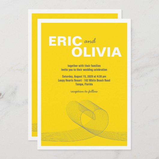 ループモダンハートラブラインイエローウェディング招待 招待状 (正面/裏面)
