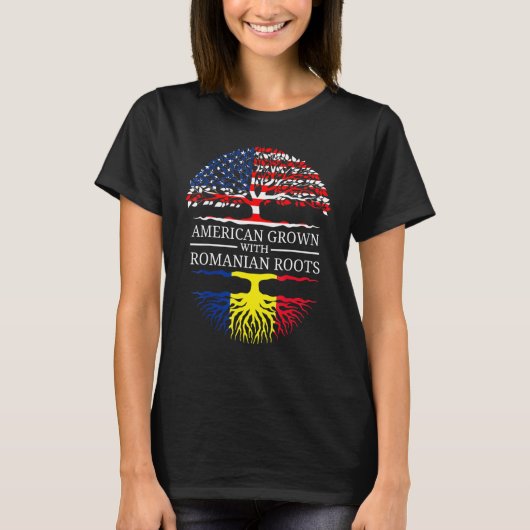 ルーマニアのルーツ米国国旗の木Rで栽培されたアメリカ人 Tシャツ (正面)