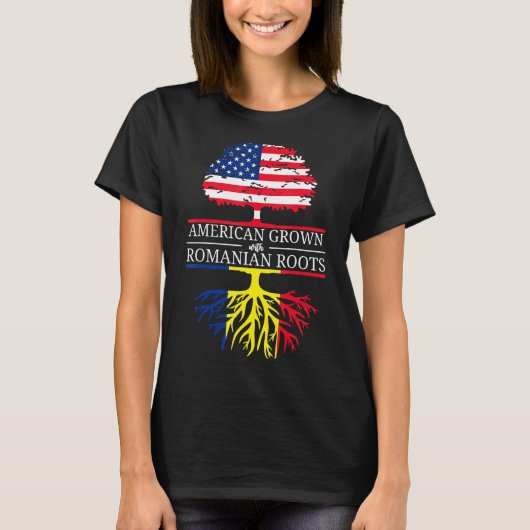 ルーマニアのルーツ米国国旗の木Rで栽培されたアメリカ人 Tシャツ (正面)