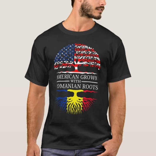 ルーマニアのルーツ米国国旗の木Rで栽培されたアメリカ人 Tシャツ (正面)
