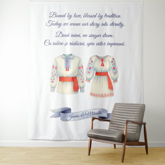 ルーマニアの伝統的な民族衣装をフィーチャーした、素朴で洗練された結婚式の招待状 タペストリー (インサイチュ)