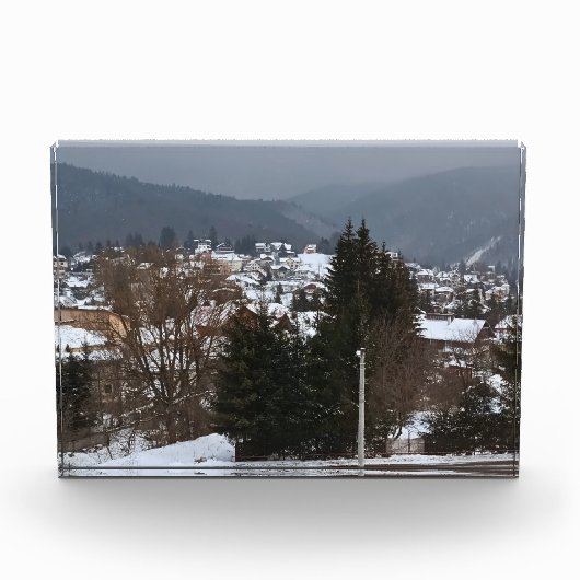 ルーマニアの田舎の風景 - 冬の村のパノラマ フォトブロック (正面)